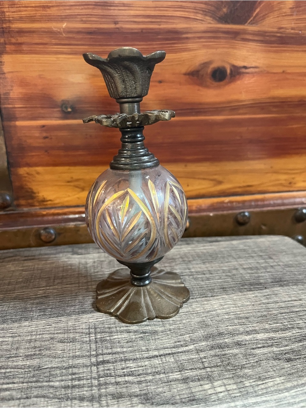 Ornate Vintage Glass & Metal Decorative Candle Holder-Gold Accents. No chips